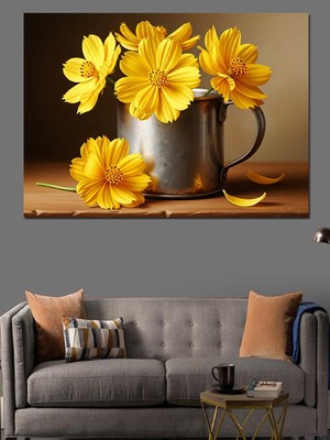 Karizma Tablo Gümüş Vazoda Sarı Bahar Çiçekleri Dekoratif Kanvas - Mdf Ahşap Tablo