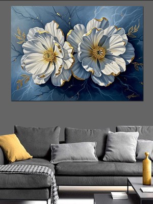 Karizma Tablo Beyaz Taş Dokulu Kabartma Çiçekler Dekoratif Kanvas - Mdf Ahşap Tablo