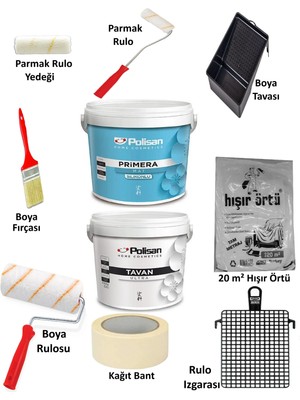 +20 kg / 15 Lt Polisan Primera Silikonlu Mat Iç Cephe Duvar Boyası + 17,5 kg / 9,56 Lt Polisan Tavan Ultra Toplam 10 Parça Boyacı Seti