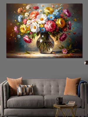 Karizma Tablo Vazoda Renkli Mevsim Çiçekleri Buketi Dekoratif Kanvas - Mdf Ahşap Tablo
