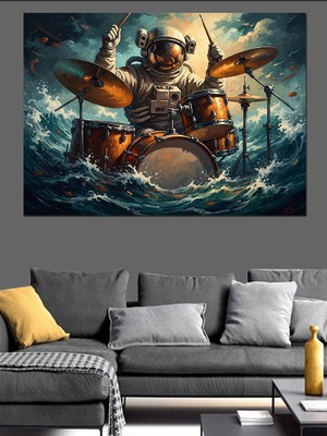Karizma Tablo Uzayda Bateri Çalan Astronot Illüstrasyonu Dekoratif Kanvas - Mdf Ahşap Tablo