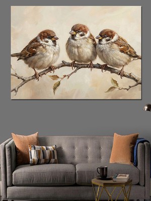 Karizma Tablo Daldaki Üç Küçük Kuş Portresi Dekoratif Kanvas - Mdf Ahşap Tablo