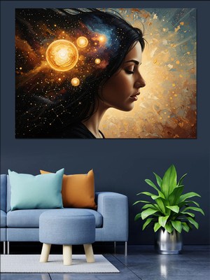 Karizma Tablo Kozmik Enerjili Kadın Silüeti Portresi Dekoratif Kanvas - Mdf Ahşap Tablo
