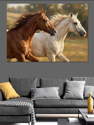 Karizma Tablo Koşan Iki Kahverengi At Tablosu Dekoratif Kanvas - Mdf Ahşap Tablo