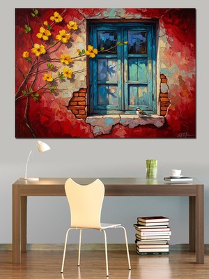 Karizma Tablo Çiçekli Duvar ve Mavi Pencere Dekoratif Kanvas - Mdf Ahşap Tablo