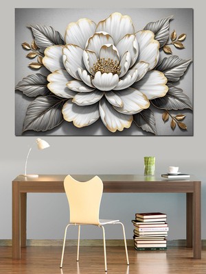 Karizma Tablo Kabartma Dokulu Beyaz Şakayık Çiçeği Dekoratif Kanvas - Mdf Ahşap Tablo