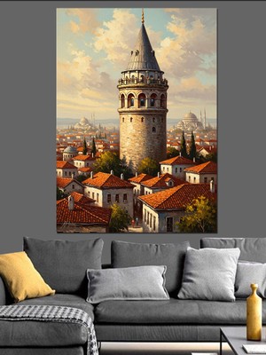 Karizma Tablo Galata Kulesi ve Istanbul Silüeti Dekoratif Kanvas - Mdf Ahşap Tablo