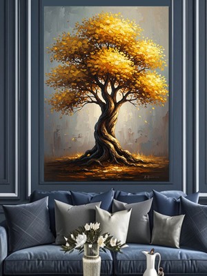 Karizma Tablo Işık Saçan Altın Yapraklı Ağaç Dekoratif Kanvas - Mdf Ahşap Tablo