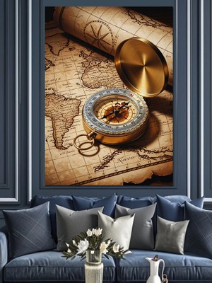 Karizma Tablo Antik Harita ve Pirinç Pusula Dekoratif Kanvas - Mdf Ahşap Tablo