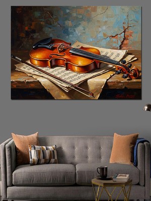 Karizma Tablo Nota Kağıdı Üzerinde Antik Keman Dekoratif Kanvas - Mdf Ahşap Tablo