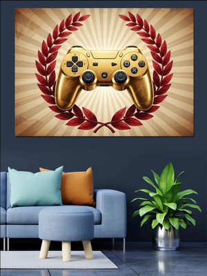 Karizma Tablo Altın Oyun Konsolu ve Defne Dekoratif Kanvas - Mdf Ahşap Tablo