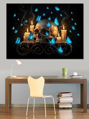 Karizma Tablo Mavi Işıklı Mistik Kafatası Tablosu Dekoratif Kanvas - Mdf Ahşap Tablo