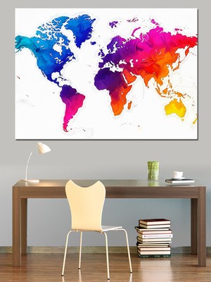 Karizma Tablo Renkli Modern Dünya Haritası Tablosu Dekoratif Kanvas - Mdf Ahşap Tablo