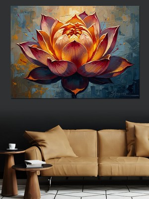 Karizma Tablo Alevler Içinde Parlayan Büyük Lotus Dekoratif Kanvas - Mdf Ahşap Tablo