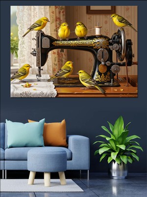Karizma Tablo Antika Dikiş Makinesi ve Kuşlar Dekoratif Kanvas - Mdf Ahşap Tablo