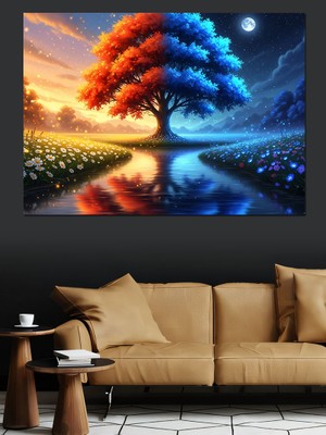 Karizma Tablo Iki Renkli Kozmik Hayat Ağacı Dekoratif Kanvas - Mdf Ahşap Tablo