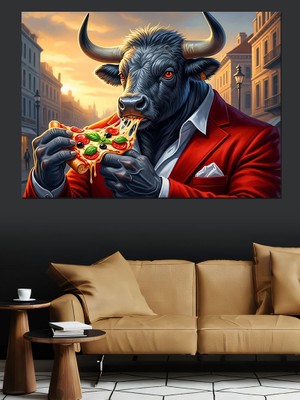 Karizma Tablo Pizza Yiyen Takım Elbiseli Boğa Dekoratif Kanvas - Mdf Ahşap Tablo