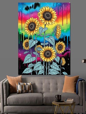 Karizma Tablo Renkli Boyalı ve Ayçiçekli Duvar Dekoratif Kanvas - Mdf Ahşap Tablo