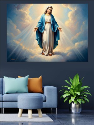 Karizma Tablo Bulutlar Üzerinde Kutsal Meryem Ana Dekoratif Kanvas - Mdf Ahşap Tablo