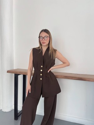 My Lunessa Gold Düğme Belden Oturtmalı Detay Kahverengi Yelek ve Pantolonlu Double Kumaş Ikili Takım