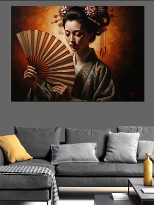 Karizma Tablo Yelpazeli Zarif Geleneksel Japon Kadını Dekoratif Kanvas - Mdf Ahşap Tablo