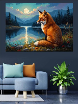 Karizma Tablo Göl Kenarında Oturan Yalnız Tilki Dekoratif Kanvas - Mdf Ahşap Tablo