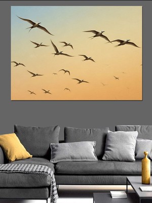 Karizma Tablo Gün Batımında Uçan Kuş Sürüsü Dekoratif Kanvas - Mdf Ahşap Tablo