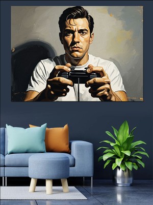 Karizma Tablo Oyun Konsolu Tutan Genç Adam Dekoratif Kanvas - Mdf Ahşap Tablo