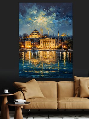 Karizma Tablo Istanbul Camii Gece Manzarası Dekoratif Kanvas - Mdf Ahşap Tablo