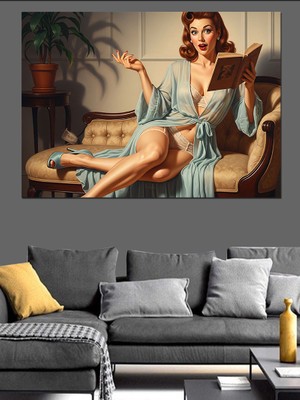 Karizma Tablo Yatakta Kitap Okuyan Pin-Up Dekoratif Kanvas - Mdf Ahşap Tablo