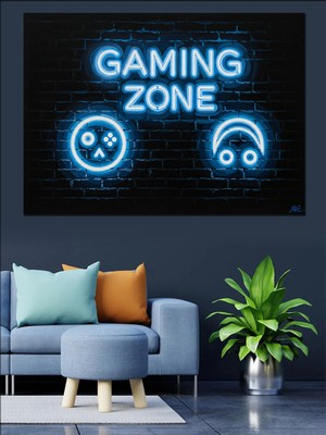Karizma Tablo Gaming Zone Neon Işıklı Tabela Dekoratif Kanvas - Mdf Ahşap Tablo