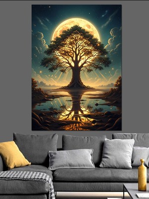 Karizma Tablo Göl Kenarında Yansıyan Hayat Ağacı Dekoratif Kanvas - Mdf Ahşap Tablo