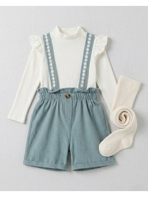 Ege Bebek Kız Çocuk 2-3-4-5-6 Yaş Kadife Şortlu 2'li Salopet Elbise ve Badi L Külotlu Çorap Hediyeli