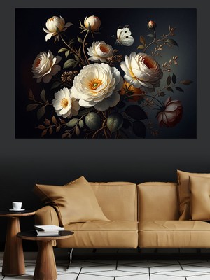 Karizma Tablo Vazo Içinde Beyaz Şakayık Gülleri Dekoratif Kanvas - Mdf Ahşap Tablo