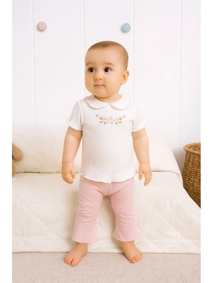 Kidaxi Bebe Yaka Çiçek Nakışlı Tişört Pantolon Takım 3-6/6-9/9-12/18-24AY