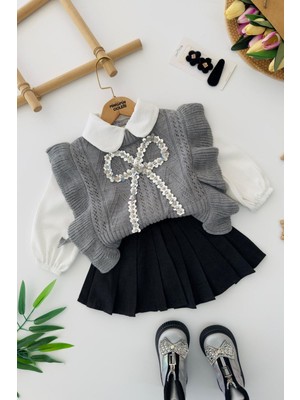 Miniğimin Cicileri Payet Fiyonk Detaylı Triko Süveterli Kız Çocuk 3 Lü Takım - Gri