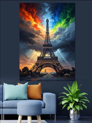 Karizma Tablo Gökkuşağı Renklerinde Eyfel Kulesi Tasarımı Dekoratif Kanvas - Mdf Ahşap Tablo