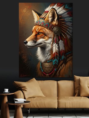 Karizma Tablo Kızılderili Başlıklı Asil Tilki Portresi Dekoratif Kanvas - Mdf Ahşap Tablo