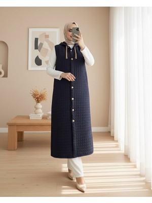 Modamorfo Boydan Düğmeli Kapşonlu Cepli Kapitone Uzun Yelek  -Laci