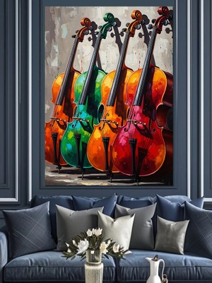Karizma Tablo Nota Kağıdı Üzerinde Renkli Kemanlar Dekoratif Kanvas - Mdf Ahşap Tablo