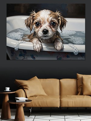 Karizma Tablo Küvette Banyo Yapan Yavru Köpek Dekoratif Kanvas - Mdf Ahşap Tablo