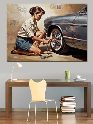 Karizma Tablo Otomobil Lastiği Tamir Eden Kadın Dekoratif Kanvas - Mdf Ahşap Tablo