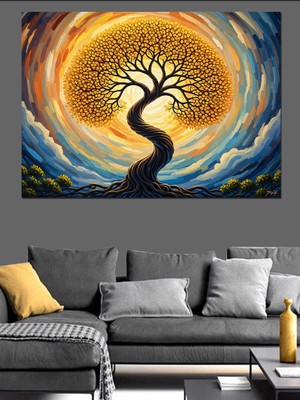 Karizma Tablo Dönen Altın Yapraklı Hayat Ağacı Dekoratif Kanvas - Mdf Ahşap Tablo