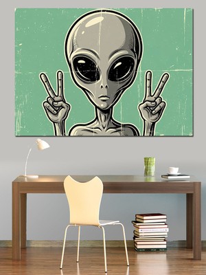 Karizma Tablo Barış Işareti Yapan Uzaylı Figürü Dekoratif Kanvas - Mdf Ahşap Tablo