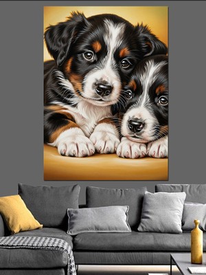Karizma Tablo Iki Yavru Köpek Sevimli Dostluk Dekoratif Kanvas - Mdf Ahşap Tablo