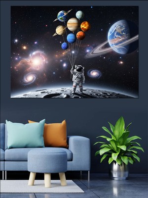 Karizma Tablo Uzayda Balon Tutan Yalnız Astronot Dekoratif Kanvas - Mdf Ahşap Tablo