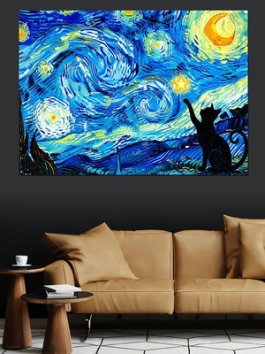 Karizma Tablo Yıldızlı Gece ve Kedi Silüeti Dekoratif Kanvas - Mdf Ahşap Tablo
