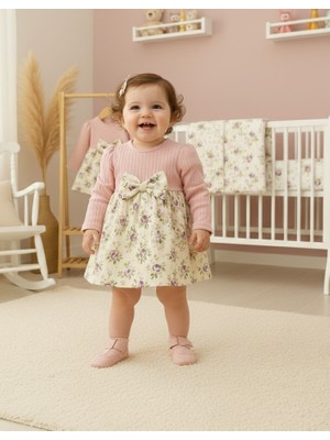 GENYBABY Kız Bebek Elbise Fiyonk Detaylı Çiçek Desenli Uzun Kollu Bebek Elbisesi
