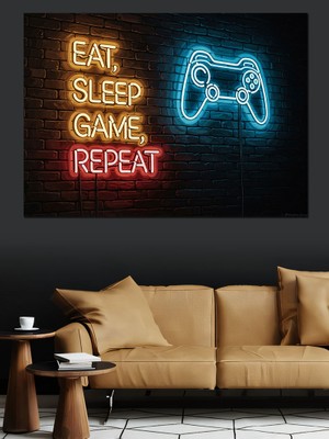 Karizma Tablo Eat Sleep Game Repeat Neon Yazı Dekoratif Kanvas - Mdf Ahşap Tablo