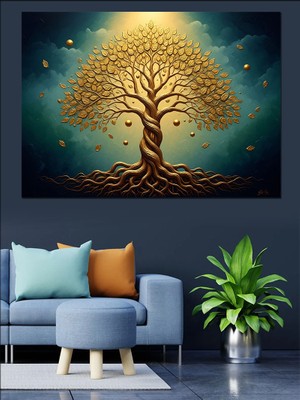 Karizma Tablo Işık Saçan Altın Hayat Ağacı Dekoratif Kanvas - Mdf Ahşap Tablo